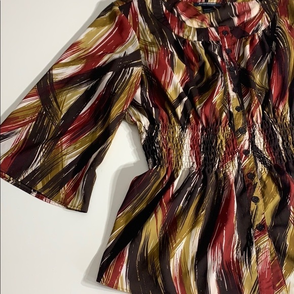 Ashley Stewart Elastic Waist Peplum Bell Sleeve abstract autumn blouse 18 - Picture 4 of 8